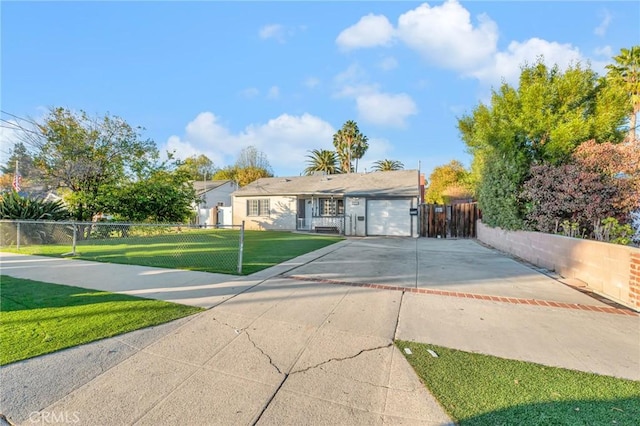 single story home with a garage and a front lawn