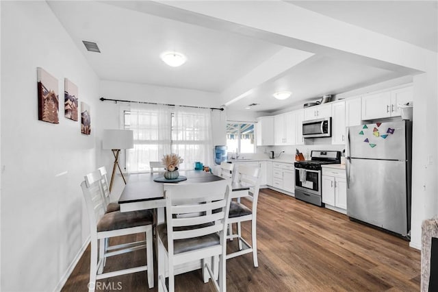 dining space with sink and dark hardwood / wood-style floors