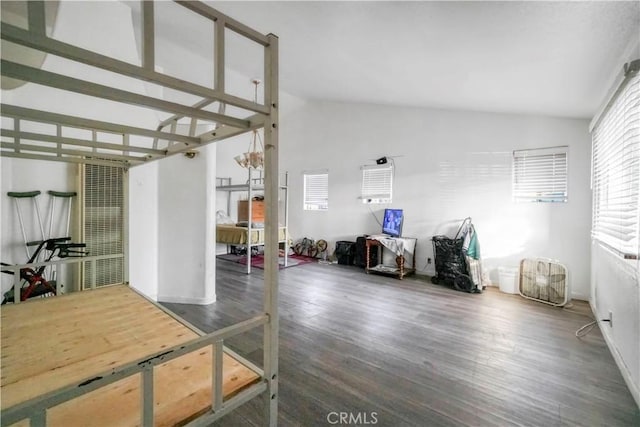 living room with vaulted ceiling and dark hardwood / wood-style floors