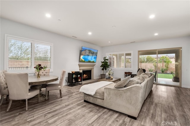 living room with light hardwood / wood-style flooring