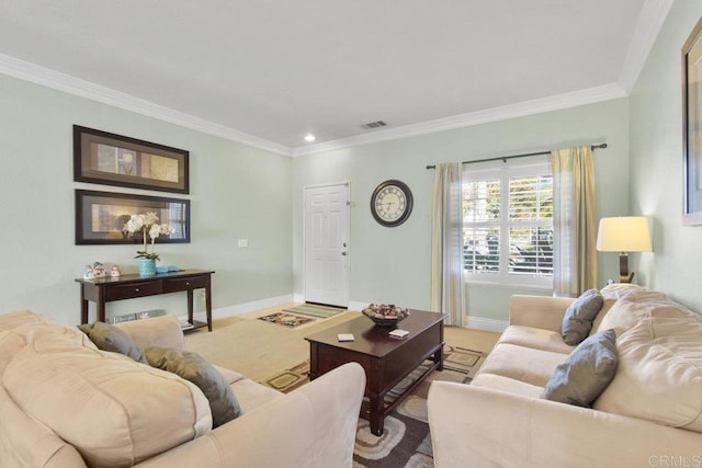 living room with light colored carpet and ornamental molding