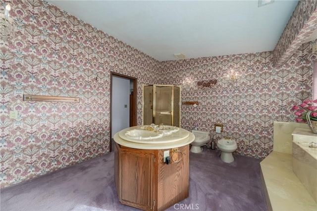 bathroom featuring toilet, a bidet, a shower stall, wallpapered walls, and vanity