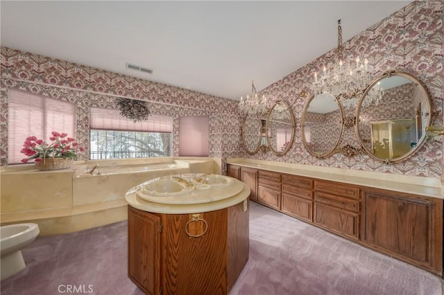 bathroom with visible vents, a bidet, wallpapered walls, lofted ceiling, and vanity