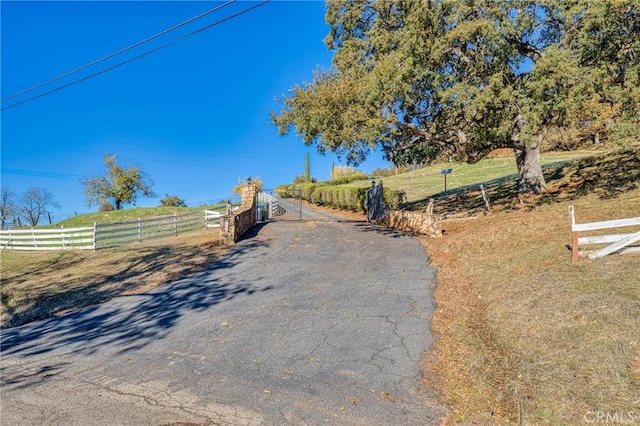 view of road with a rural view and a gate