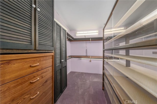 walk in closet featuring dark carpet