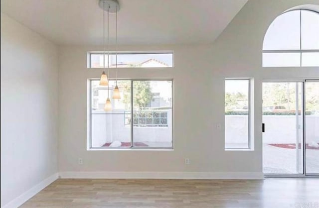 unfurnished dining area with a wealth of natural light and light hardwood / wood-style flooring