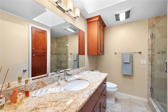 bathroom featuring tile patterned floors, vanity, a shower with shower door, and toilet