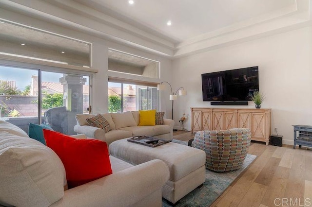 living room featuring a tray ceiling, light hardwood / wood-style flooring, and a healthy amount of sunlight