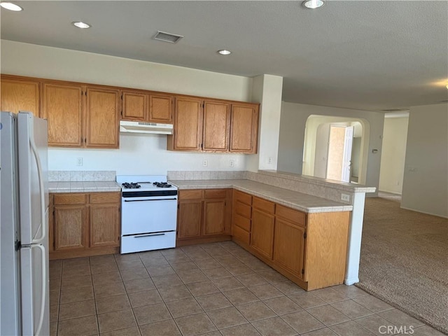 kitchen with kitchen peninsula, white appliances, and light carpet