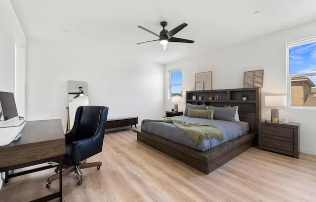 bedroom with ceiling fan and light hardwood / wood-style floors