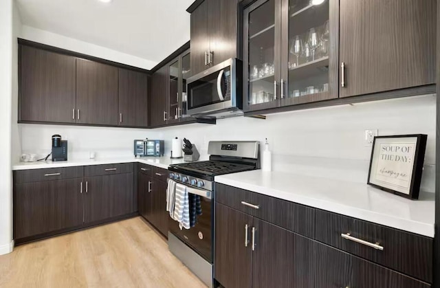 kitchen featuring dark brown cabinetry, light hardwood / wood-style flooring, and stainless steel appliances