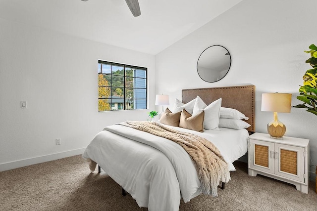 bedroom featuring carpet flooring, ceiling fan, and lofted ceiling