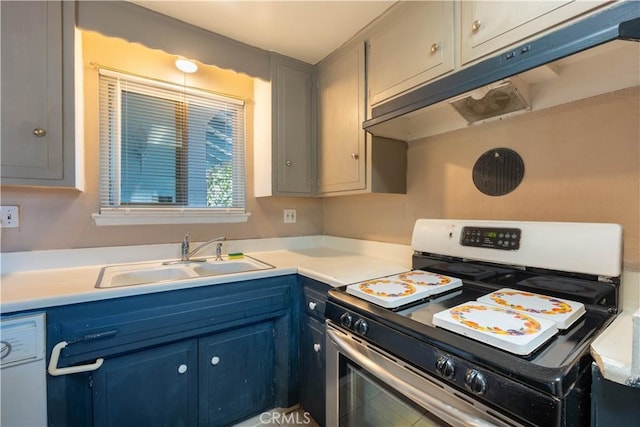 kitchen with stainless steel range, dishwasher, sink, and blue cabinets