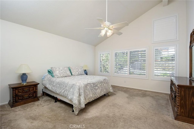 bedroom with ceiling fan, carpet floors, and high vaulted ceiling