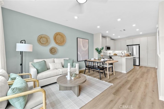 living room featuring light hardwood / wood-style floors and sink