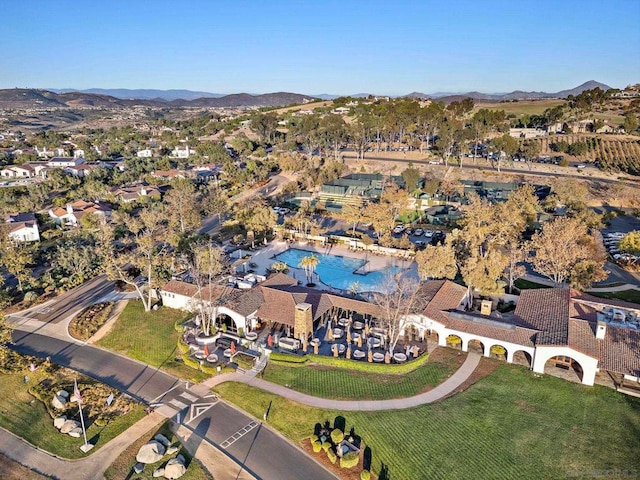 drone / aerial view featuring a mountain view