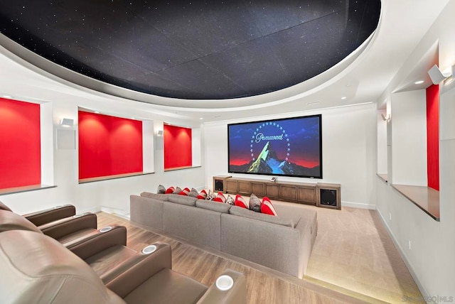 cinema featuring a tray ceiling and hardwood / wood-style flooring