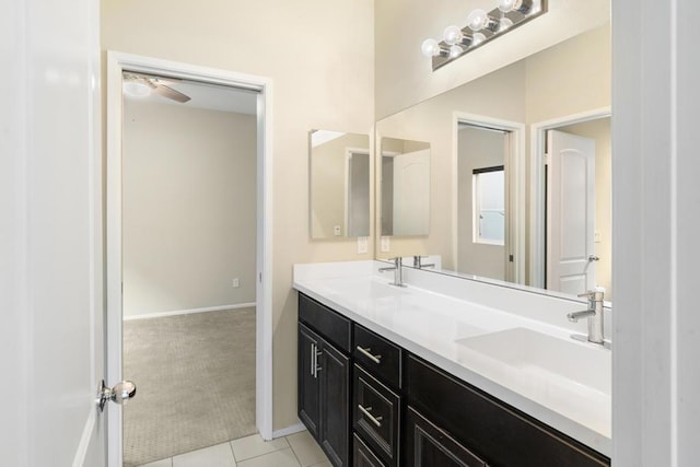 bathroom with vanity, tile patterned floors, and ceiling fan