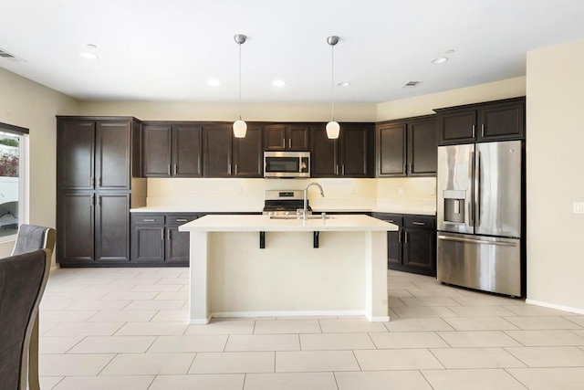 kitchen featuring pendant lighting, a center island with sink, sink, dark brown cabinetry, and stainless steel appliances