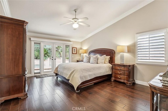 bedroom featuring french doors, access to outside, ceiling fan, and dark wood-type flooring