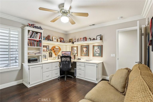 home office featuring ornamental molding, dark hardwood / wood-style flooring, and a healthy amount of sunlight