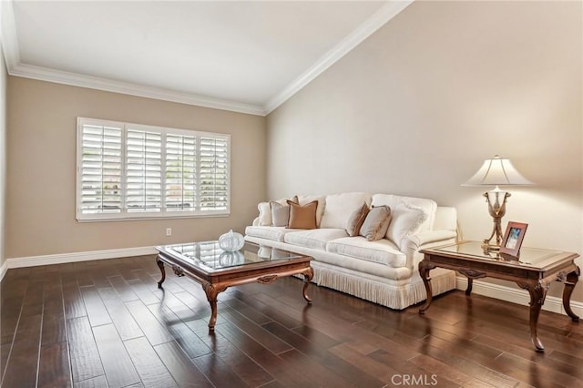 living room with dark hardwood / wood-style floors and ornamental molding