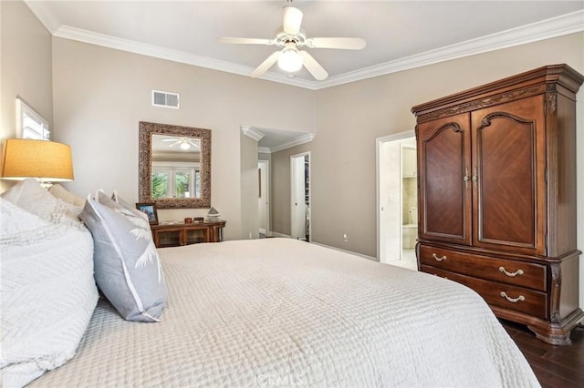 bedroom featuring connected bathroom, ceiling fan, dark wood-type flooring, and ornamental molding