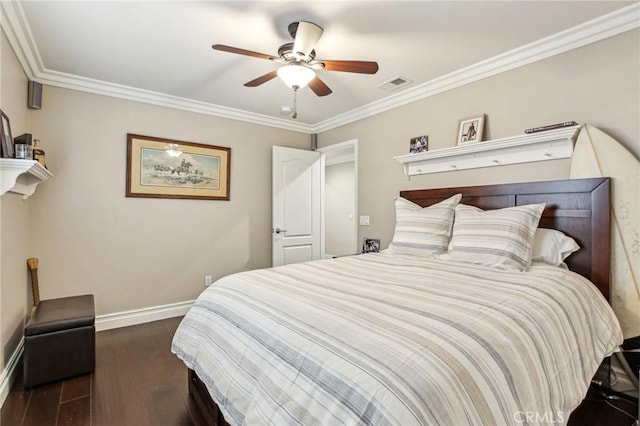 bedroom featuring ceiling fan, dark hardwood / wood-style floors, and ornamental molding