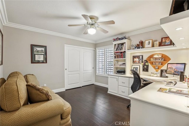 office space featuring ceiling fan, dark hardwood / wood-style floors, and ornamental molding