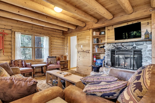 living room featuring beamed ceiling, a stone fireplace, wood ceiling, and rustic walls