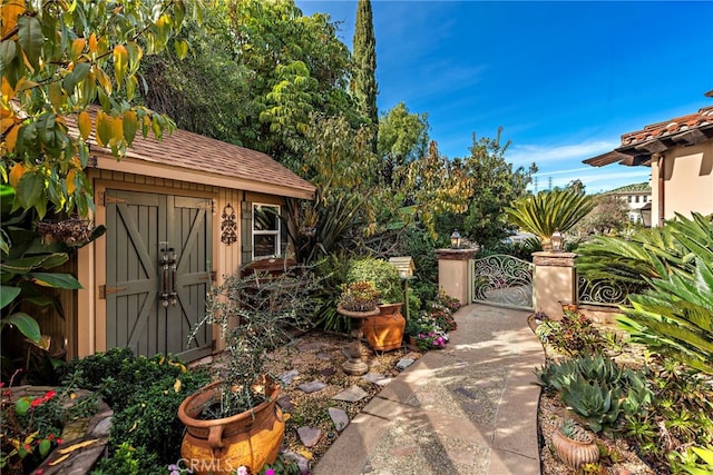 view of patio / terrace with a storage shed