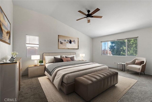 bedroom with carpet, ceiling fan, and lofted ceiling