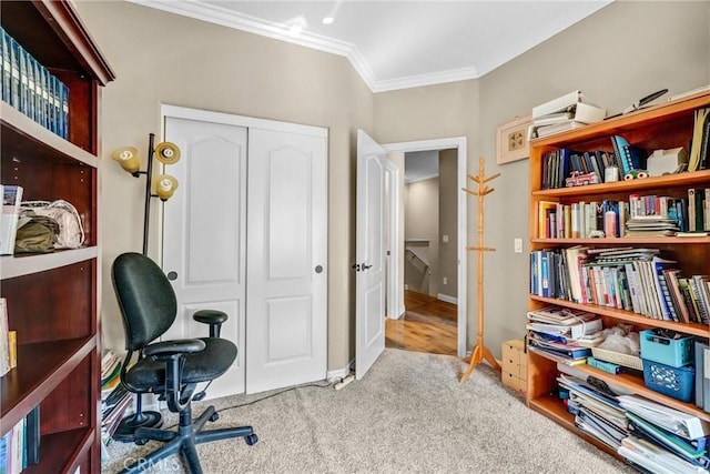 carpeted office with ornamental molding