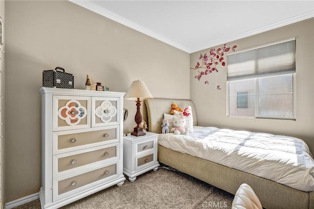 carpeted bedroom with crown molding