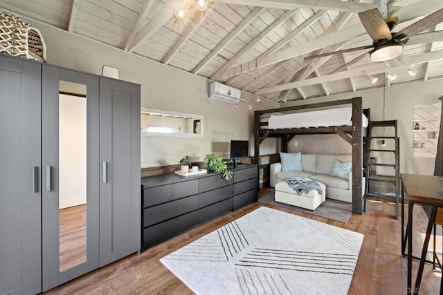 bedroom featuring wood ceiling, a wall unit AC, high vaulted ceiling, beamed ceiling, and hardwood / wood-style floors