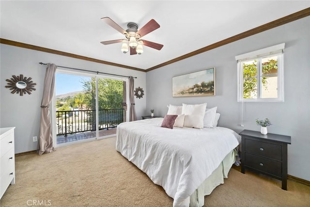 carpeted bedroom with multiple windows, ornamental molding, access to outside, and ceiling fan