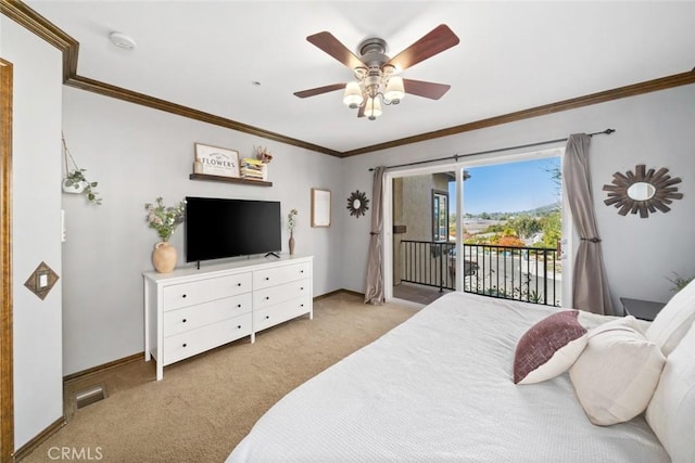 bedroom featuring light carpet, access to exterior, ornamental molding, and ceiling fan