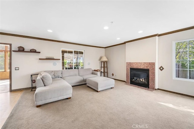 carpeted living room featuring ornamental molding, a tile fireplace, and a wealth of natural light