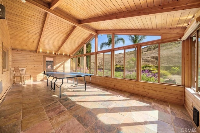 recreation room featuring lofted ceiling with beams, wooden ceiling, and wood walls