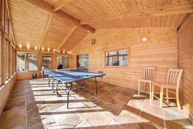 game room with wood ceiling, wooden walls, and lofted ceiling with beams