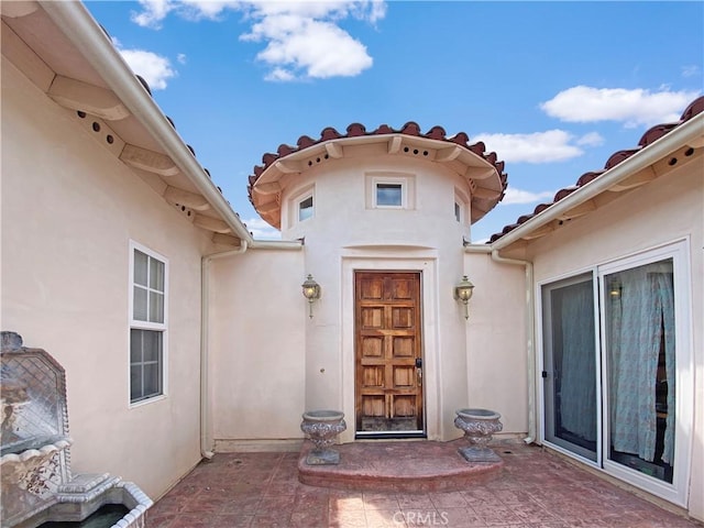 view of exterior entry with a patio and stucco siding