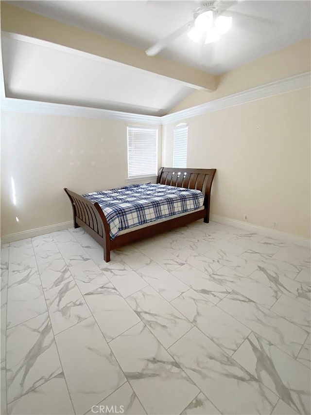 unfurnished bedroom with vaulted ceiling with beams, marble finish floor, and baseboards