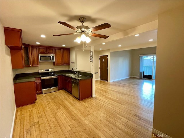 kitchen featuring ceiling fan, light hardwood / wood-style floors, sink, and stainless steel appliances