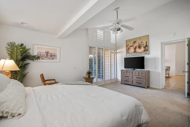 bedroom with light carpet, access to outside, ceiling fan, a towering ceiling, and beam ceiling