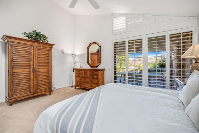 bedroom with access to exterior, ceiling fan, high vaulted ceiling, and light carpet