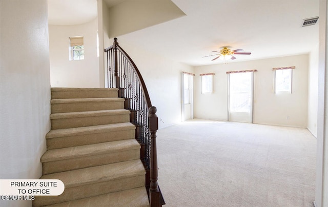 stairs with carpet flooring, plenty of natural light, and ceiling fan