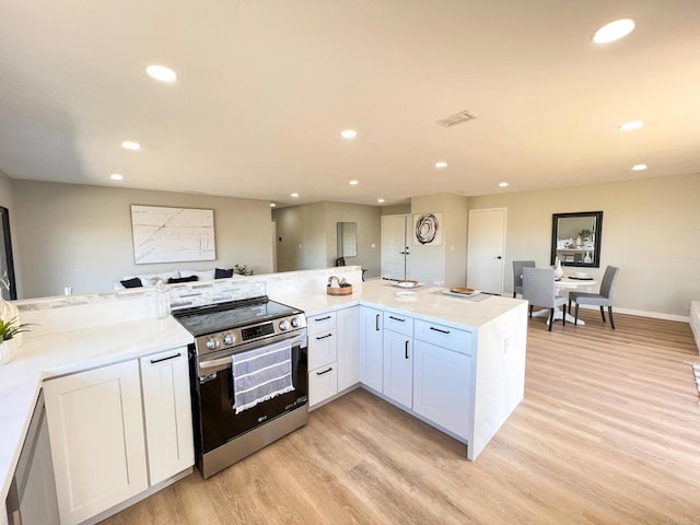 kitchen with light hardwood / wood-style flooring, kitchen peninsula, white cabinets, and appliances with stainless steel finishes