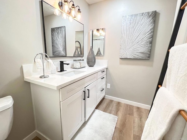 bathroom featuring vanity, wood-type flooring, and toilet