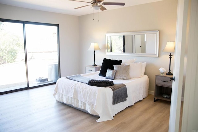 bedroom featuring access to exterior, ceiling fan, and light wood-type flooring