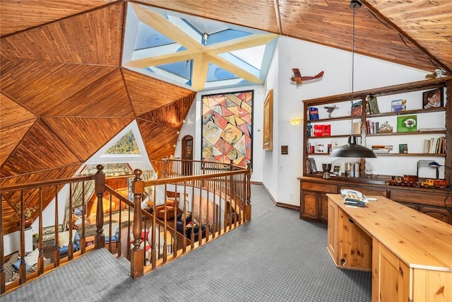 interior space featuring wood ceiling, dark carpet, and lofted ceiling